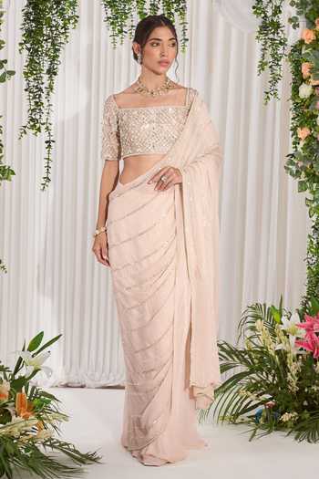 NIDHIKA SHEKHAR Pink Blouse Silk Saree Georgette Pearl, Stone Mangal Bela Embroidered With Online at Aza Fashions NIDHIKA SHEKHAR_Pink Blouse Silk Saree Georgette Pearl, Stone Mangal Bela Embroidered With _Online_at_Aza_Fashions