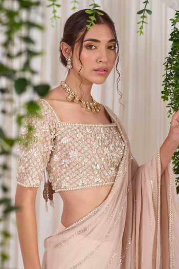 Buy NIDHIKA SHEKHAR Pink Blouse Silk Saree Georgette Pearl, Stone Mangal Bela Embroidered With Online at Aza Fashions Buy_NIDHIKA SHEKHAR_Pink Blouse Silk Saree Georgette Pearl, Stone Mangal Bela Embroidered With _Online_at_Aza_Fashions