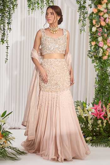 NIDHIKA SHEKHAR_Pink Blousesilk Lehenga Georgette Dupatta Tissue Sundarban Embroidered Set _Online_at_Aza_Fashions