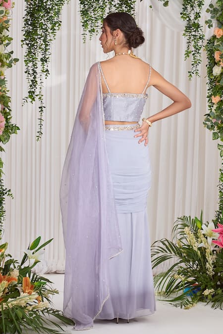 Buy Purple Silk Embroidery Pearl Sweetheart Neck Apsara Draped Skirt Set  For Women by Nidhika Shekhar Online at Aza Fashions.