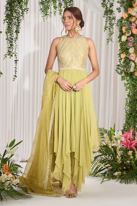 Nidhika Shekhar_Green Silk, Organza, Georgette, Lining Hariyali Asymmetric Anarkali Set _Online_at_Aza_Fashions