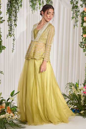 NIDHIKA SHEKHAR_Green Silk Organza Satin Lining Shantoon Hariyali Embroidered Sharara Set _Online_at_Aza_Fashions