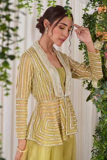 Buy_NIDHIKA SHEKHAR_Green Silk Organza Satin Lining Shantoon Hariyali Embroidered Sharara Set _Online_at_Aza_Fashions