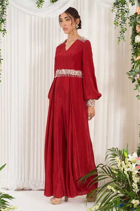 Nidhika Shekhar_Red Crepe Lining Shantoon Pearl, Stone And Sequin Starry Embroidered Jumpsuit _Online_at_Aza_Fashions