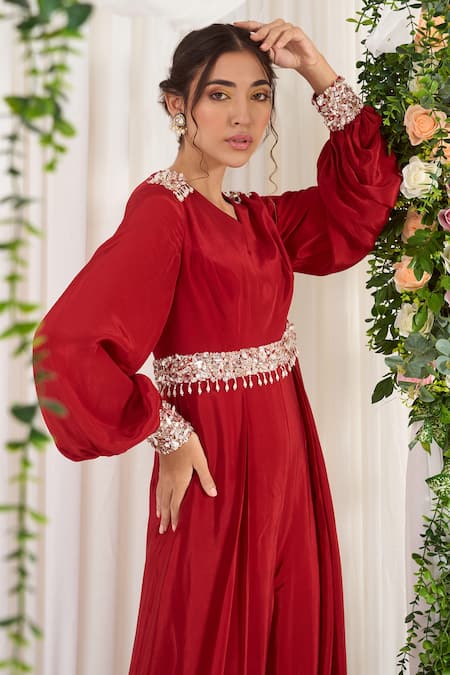 Buy_Nidhika Shekhar_Red Crepe Lining Shantoon Pearl, Stone And Sequin Starry Embroidered Jumpsuit _Online_at_Aza_Fashions