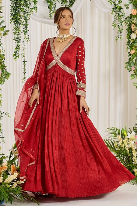 Nidhika Shekhar Laal Karwa Embroidered Anarkali With Dupatta 