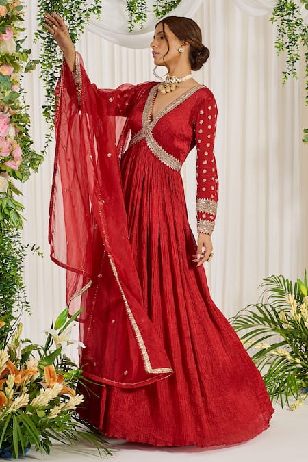 Nidhika Shekhar Red Crinkle Silk Crepe Organza Laal Karwa Embroidered Anarkali With Dupatta Online at Aza Fashions Nidhika Shekhar_Red Crinkle Silk Crepe Organza Laal Karwa Embroidered Anarkali With Dupatta _Online_at_Aza_Fashions