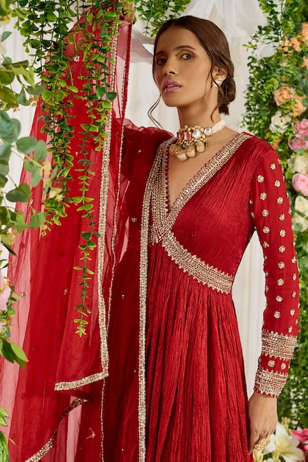 Nidhika Shekhar Red Crinkle Silk Crepe Organza Laal Karwa Embroidered Anarkali With Dupatta at Aza Fashions Nidhika Shekhar_Red Crinkle Silk Crepe Organza Laal Karwa Embroidered Anarkali With Dupatta _at_Aza_Fashions