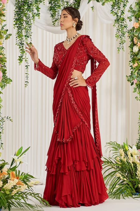 Red Bow Blouse Ruffle Saree – Tifara