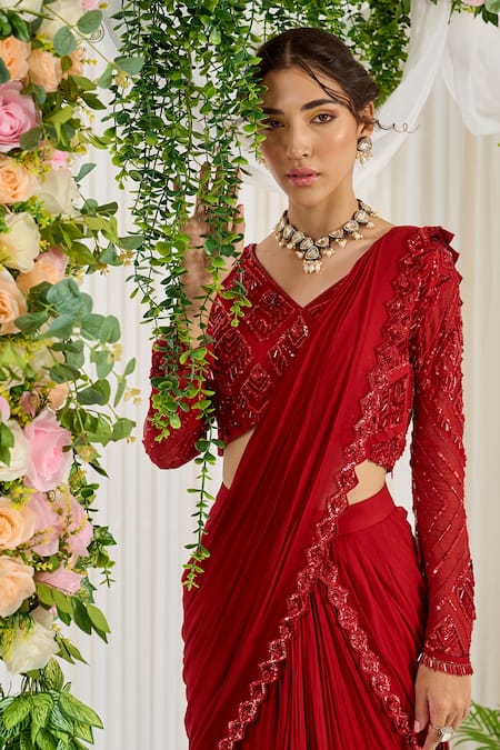 Buy_NIDHIKA SHEKHAR_Red Georgette Lining Shantoon Embroidery Pearl V Subh Shree Laal Ruffle Saree _Online_at_Aza_Fashions