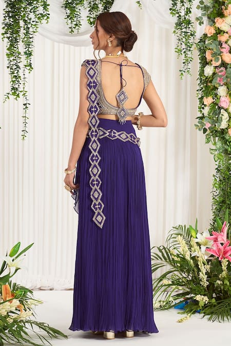 NIDHIKA SHEKHAR_Purple Georgette Lining Shantoon Pearl, Stone Utsav Narangi Embroidered Saree _Online_at_Aza_Fashions