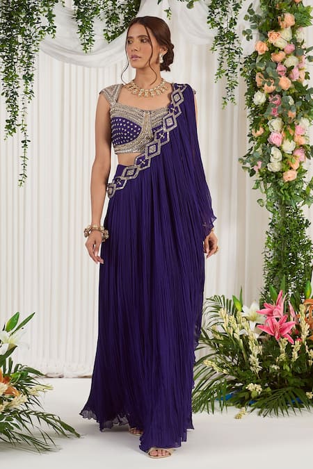 Buy_NIDHIKA SHEKHAR_Purple Georgette Lining Shantoon Pearl, Stone Utsav Narangi Embroidered Saree _Online_at_Aza_Fashions