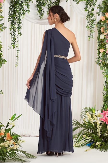 Shop_Nidhika Shekhar_Blue Georgette Lining Shantoon Pearl, Stone Tyohaar Indo Draped Saree Gown  _at_Aza_Fashions