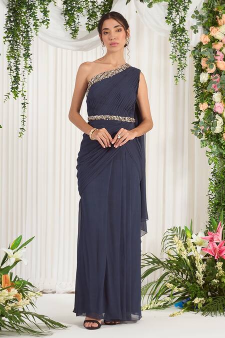 Nidhika Shekhar_Blue Georgette Lining Shantoon Pearl, Stone Tyohaar Indo Draped Saree Gown  _Online_at_Aza_Fashions
