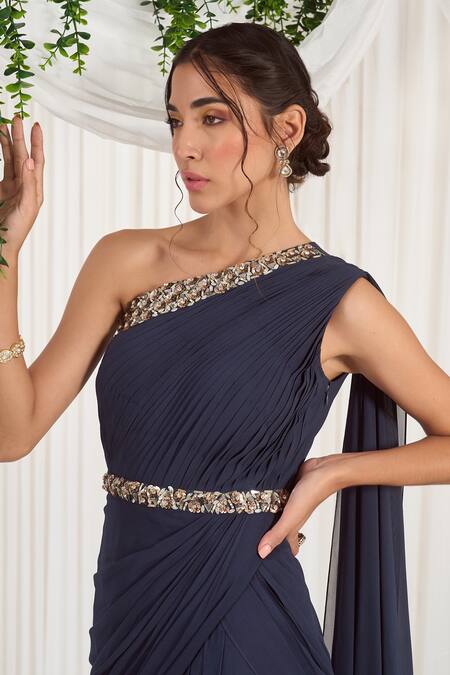 Buy_Nidhika Shekhar_Blue Georgette Lining Shantoon Pearl, Stone Tyohaar Indo Draped Saree Gown  _Online_at_Aza_Fashions