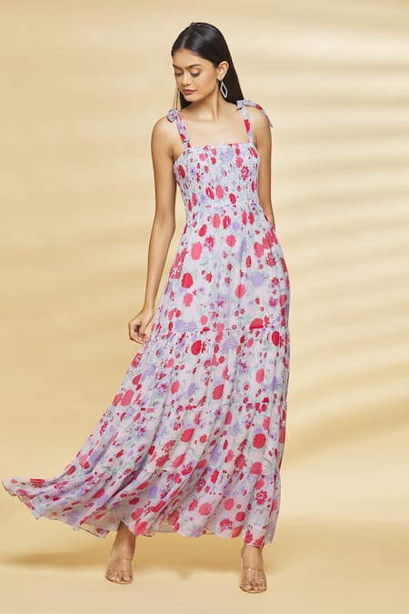 Purple Floral Print Puff Sleeves Georgette Maxi Dress– Inddus.in