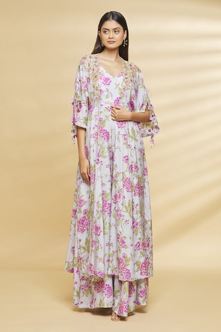 Aangan By Parul Grey Modal Viscose Floral Print, Sequin And Cutdana V Neck Cape With Jumpsuit