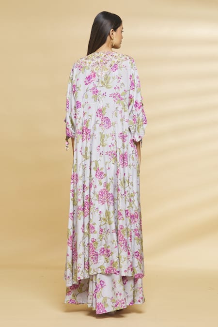 Shop Aangan By Parul Grey Modal Viscose Floral Print, Sequin And Cutdana V Neck Cape With Jumpsuit at Aza Fashions Shop_Aangan By Parul_Grey Modal Viscose Floral Print, Sequin And Cutdana V Neck Cape With Jumpsuit _at_Aza_Fashions
