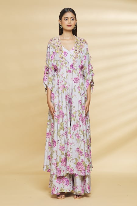 Aangan By Parul Grey Modal Viscose Floral Print, Sequin And Cutdana V Neck Cape With Jumpsuit Online at Aza Fashions Aangan By Parul_Grey Modal Viscose Floral Print, Sequin And Cutdana V Neck Cape With Jumpsuit _Online_at_Aza_Fashions