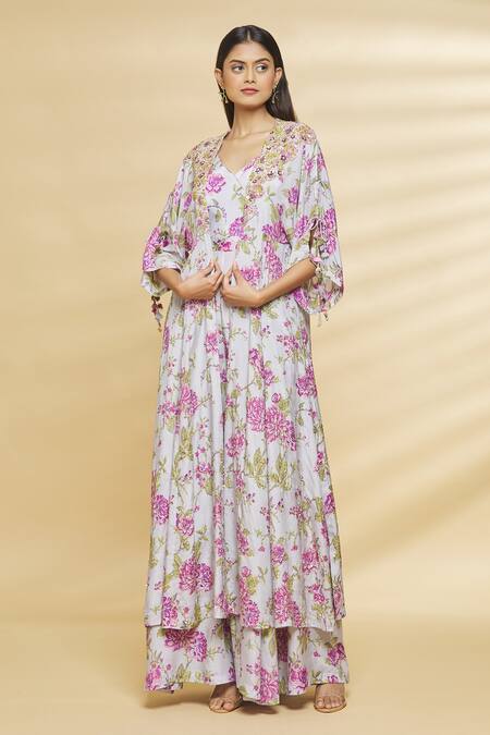 Buy Aangan By Parul Grey Modal Viscose Floral Print, Sequin And Cutdana V Neck Cape With Jumpsuit Online at Aza Fashions Buy_Aangan By Parul_Grey Modal Viscose Floral Print, Sequin And Cutdana V Neck Cape With Jumpsuit _Online_at_Aza_Fashions