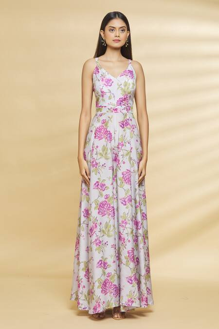 Shop Aangan By Parul Grey Modal Viscose Floral Print, Sequin And Cutdana V Neck Cape With Jumpsuit Online at Aza Fashions Shop_Aangan By Parul_Grey Modal Viscose Floral Print, Sequin And Cutdana V Neck Cape With Jumpsuit _Online_at_Aza_Fashions