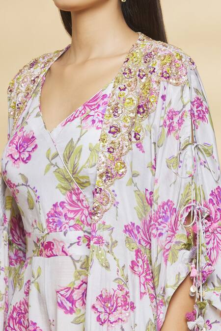 Aangan By Parul Grey Modal Viscose Floral Print, Sequin And Cutdana V Neck Cape With Jumpsuit at Aza Fashions Aangan By Parul_Grey Modal Viscose Floral Print, Sequin And Cutdana V Neck Cape With Jumpsuit _at_Aza_Fashions