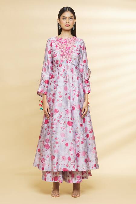 Aangan By Parul_Grey Chanderi Viscose Floral Print, Sequin And Thread Round Anarkali & Palazzo Set _Online_at_Aza_Fashions