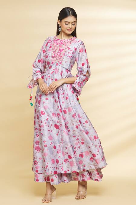 Buy_Aangan By Parul_Grey Chanderi Viscose Floral Print, Sequin And Thread Round Anarkali & Palazzo Set _Online_at_Aza_Fashions
