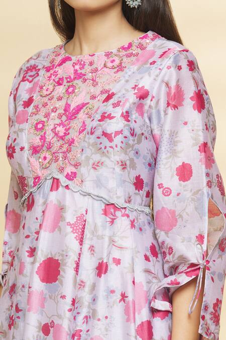 Shop_Aangan By Parul_Grey Chanderi Viscose Floral Print, Sequin And Thread Round Anarkali & Palazzo Set _Online_at_Aza_Fashions