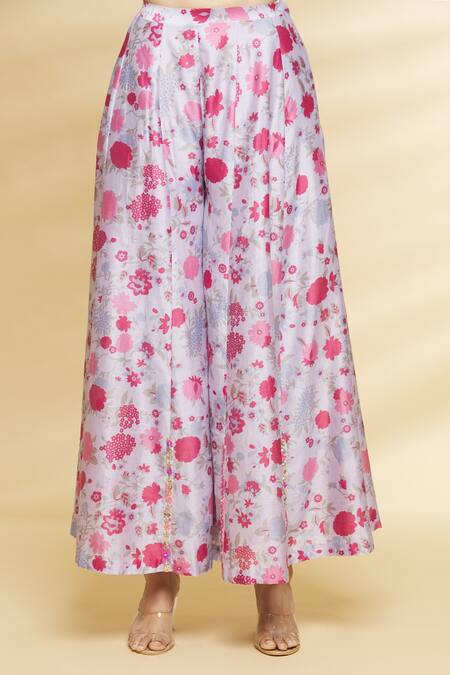 Aangan By Parul_Grey Chanderi Viscose Floral Print, Sequin And Thread Round Anarkali & Palazzo Set _at_Aza_Fashions