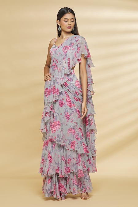 Buy_Aangan By Parul_Grey Modal And Chiffon Viscose Floral Print, Sequin & Pre-draped Saree With Blouse_Online_at_Aza_Fashions