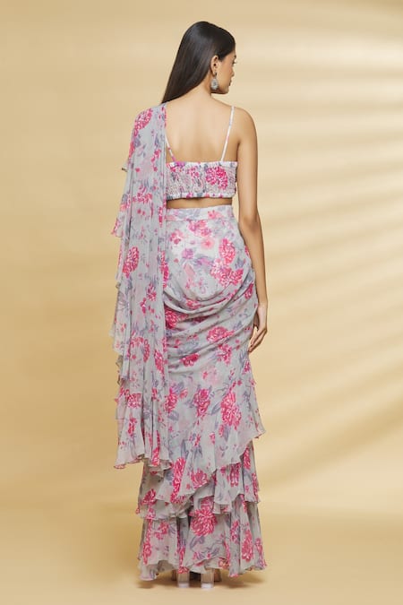 Aangan By Parul Floral Print Pre-Draped Saree With Blouse 