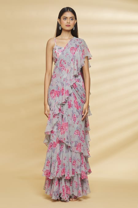 Aangan By Parul_Grey Modal And Chiffon Viscose Floral Print, Sequin & Pre-draped Saree With Blouse_Online_at_Aza_Fashions