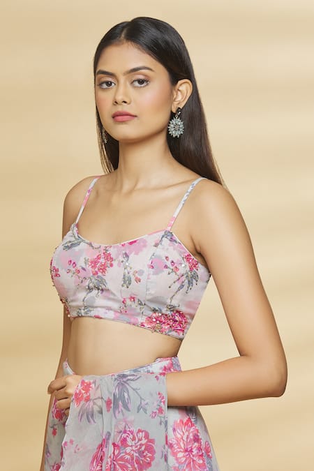 Shop_Aangan By Parul_Grey Modal And Chiffon Viscose Floral Print, Sequin & Pre-draped Saree With Blouse_Online_at_Aza_Fashions