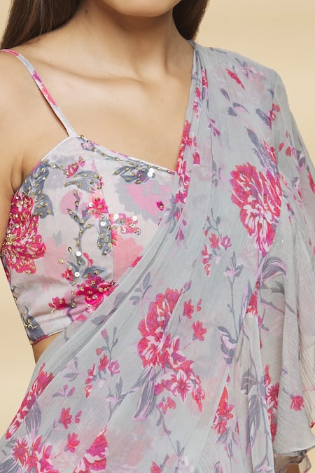 Aangan By Parul_Grey Modal And Chiffon Viscose Floral Print, Sequin & Pre-draped Saree With Blouse_at_Aza_Fashions