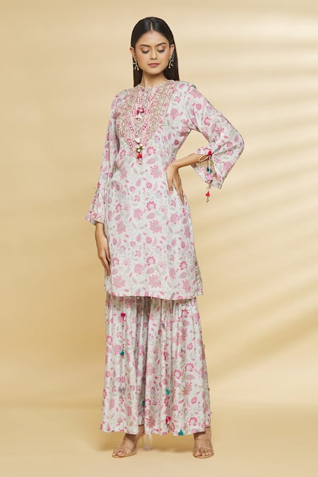 Aangan By Parul Grey Chanderi Viscose Floral Print, Sequin And Thread Round Kurta & Sharara Set