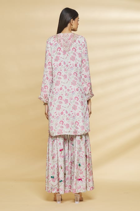 Shop Aangan By Parul Grey Chanderi Viscose Floral Print, Sequin And Thread Round Kurta & Sharara Set at Aza Fashions Shop_Aangan By Parul_Grey Chanderi Viscose Floral Print, Sequin And Thread Round Kurta & Sharara Set _at_Aza_Fashions