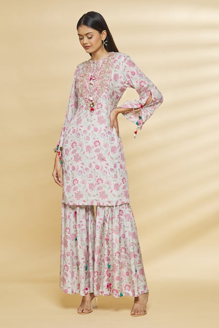 Buy Aangan By Parul Grey Chanderi Viscose Floral Print, Sequin And Thread Round Kurta & Sharara Set Online at Aza Fashions Buy_Aangan By Parul_Grey Chanderi Viscose Floral Print, Sequin And Thread Round Kurta & Sharara Set _Online_at_Aza_Fashions