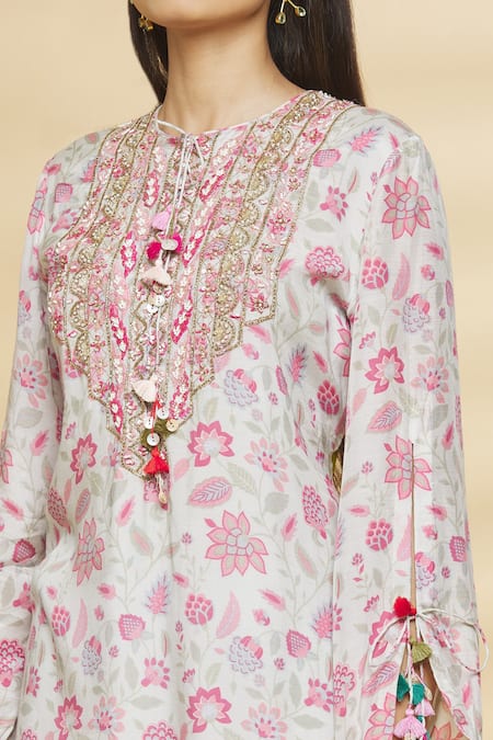 Shop Aangan By Parul Grey Chanderi Viscose Floral Print, Sequin And Thread Round Kurta & Sharara Set Online at Aza Fashions Shop_Aangan By Parul_Grey Chanderi Viscose Floral Print, Sequin And Thread Round Kurta & Sharara Set _Online_at_Aza_Fashions