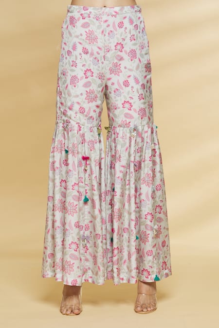 Aangan By Parul Grey Chanderi Viscose Floral Print, Sequin And Thread Round Kurta & Sharara Set at Aza Fashions Aangan By Parul_Grey Chanderi Viscose Floral Print, Sequin And Thread Round Kurta & Sharara Set _at_Aza_Fashions