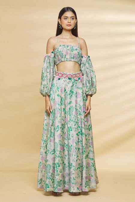 Aangan By Parul Grey Modal Viscose Floral Print, Sequin And Cold Shoulder Blouse & Lehenga Set Online at Aza Fashions Aangan By Parul_Grey Modal Viscose Floral Print, Sequin And Cold Shoulder Blouse & Lehenga Set _Online_at_Aza_Fashions