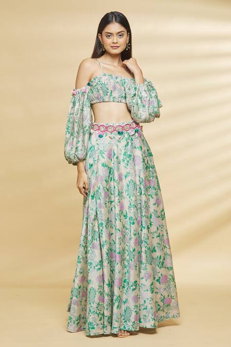 Buy Aangan By Parul Grey Modal Viscose Floral Print, Sequin And Cold Shoulder Blouse & Lehenga Set Online at Aza Fashions Buy_Aangan By Parul_Grey Modal Viscose Floral Print, Sequin And Cold Shoulder Blouse & Lehenga Set _Online_at_Aza_Fashions