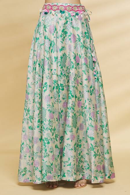 Aangan By Parul Grey Modal Viscose Floral Print, Sequin And Cold Shoulder Blouse & Lehenga Set at Aza Fashions Aangan By Parul_Grey Modal Viscose Floral Print, Sequin And Cold Shoulder Blouse & Lehenga Set _at_Aza_Fashions