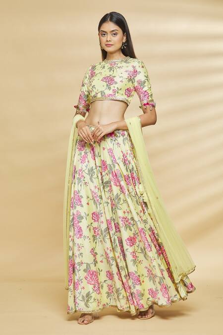 Aangan By Parul Yellow Modal Viscose Floral Print, Sequin And Thread High Lehenga Set