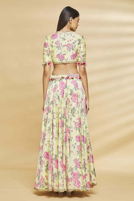 Shop Aangan By Parul Yellow Modal Viscose Floral Print, Sequin And Thread High Lehenga Set at Aza Fashions Shop_Aangan By Parul_Yellow Modal Viscose Floral Print, Sequin And Thread High Lehenga Set _at_Aza_Fashions
