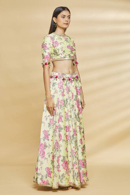 Aangan By Parul Yellow Modal Viscose Floral Print, Sequin And Thread High Lehenga Set Online at Aza Fashions Aangan By Parul_Yellow Modal Viscose Floral Print, Sequin And Thread High Lehenga Set _Online_at_Aza_Fashions
