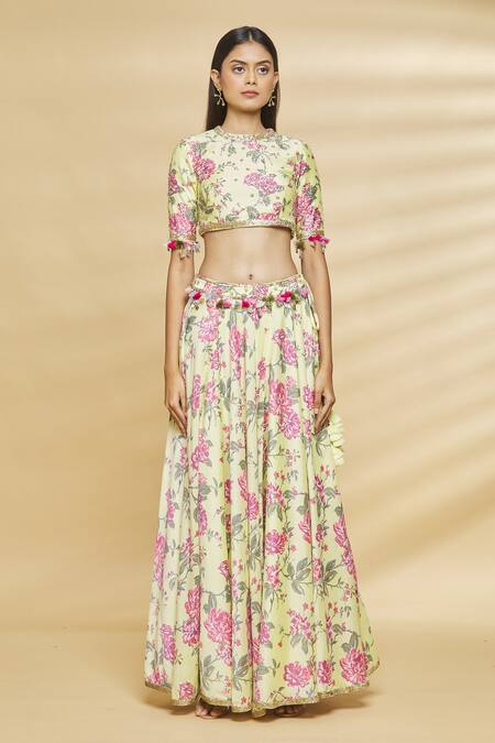 Buy Aangan By Parul Yellow Modal Viscose Floral Print, Sequin And Thread High Lehenga Set Online at Aza Fashions Buy_Aangan By Parul_Yellow Modal Viscose Floral Print, Sequin And Thread High Lehenga Set _Online_at_Aza_Fashions