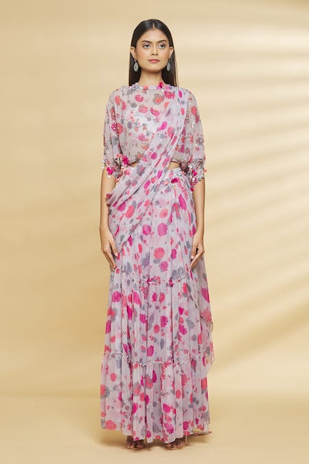 Aangan By Parul Grey Modal Viscose And Chiffon Floral Print, Sequin & Pre-draped Saree With Blouse Online at Aza Fashions Aangan By Parul_Grey Modal Viscose And Chiffon Floral Print, Sequin & Pre-draped Saree With Blouse _Online_at_Aza_Fashions