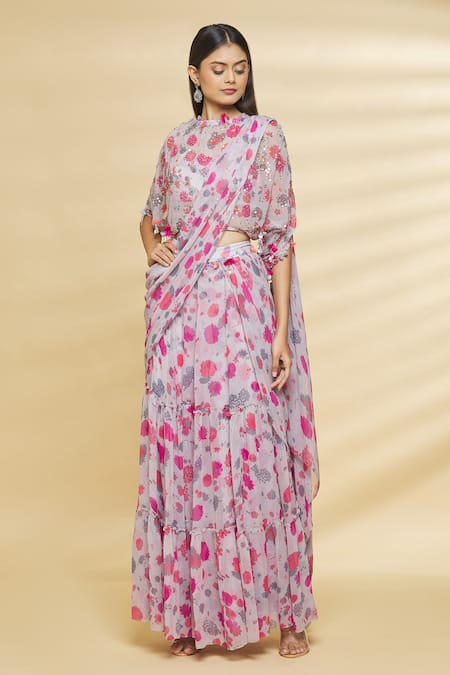 Buy Aangan By Parul Grey Modal Viscose And Chiffon Floral Print, Sequin & Pre-draped Saree With Blouse Online at Aza Fashions Buy_Aangan By Parul_Grey Modal Viscose And Chiffon Floral Print, Sequin & Pre-draped Saree With Blouse _Online_at_Aza_Fashions