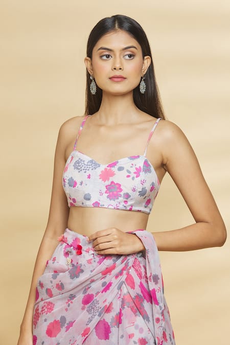 Shop Aangan By Parul Grey Modal Viscose And Chiffon Floral Print, Sequin & Pre-draped Saree With Blouse Online at Aza Fashions Shop_Aangan By Parul_Grey Modal Viscose And Chiffon Floral Print, Sequin & Pre-draped Saree With Blouse _Online_at_Aza_Fashions